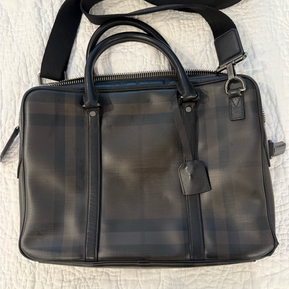 Burberry Smoked Check Newburg Leather Briefcase with Detachable Strap